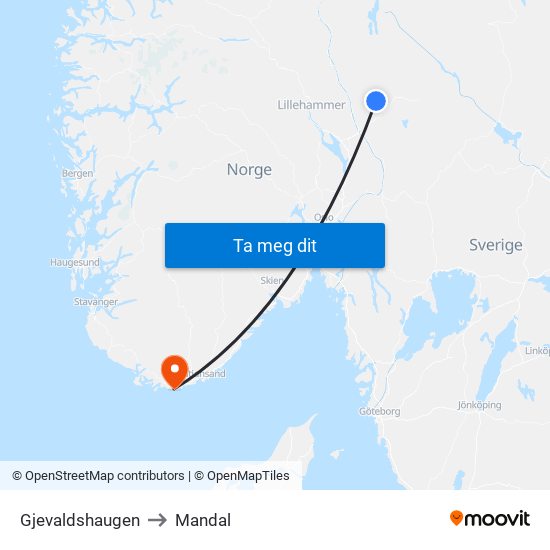 Gjevaldshaugen to Mandal map