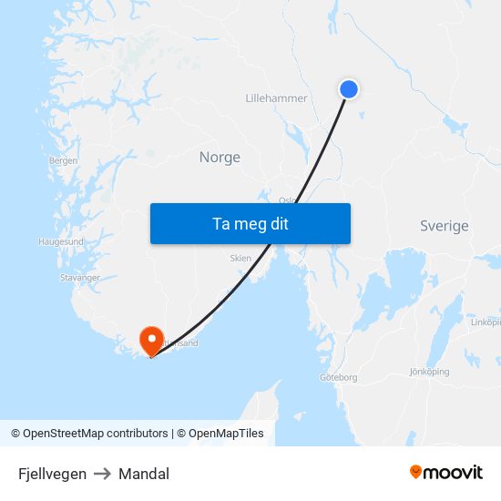 Fjellvegen to Mandal map