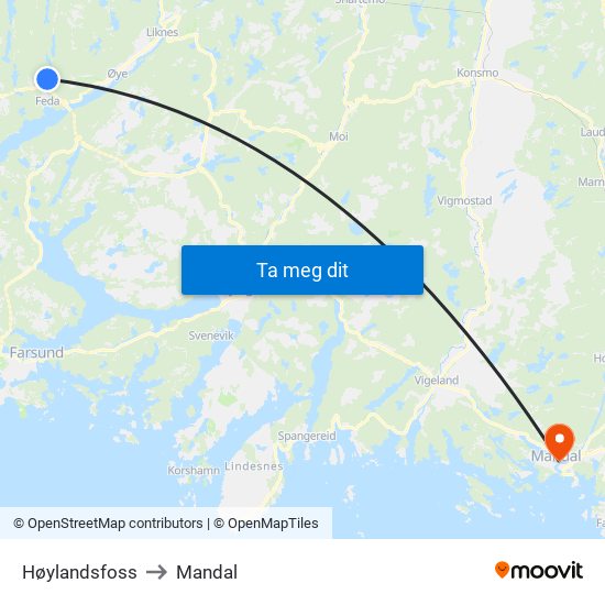 Høylandsfoss to Mandal map