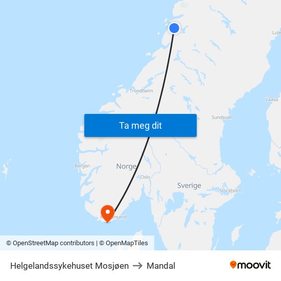 Helgelandssykehuset Mosjøen to Mandal map