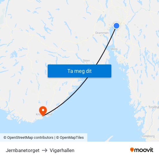 Jernbanetorget to Vigørhallen map