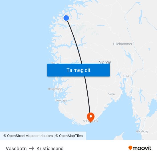 Vassbotn to Kristiansand map