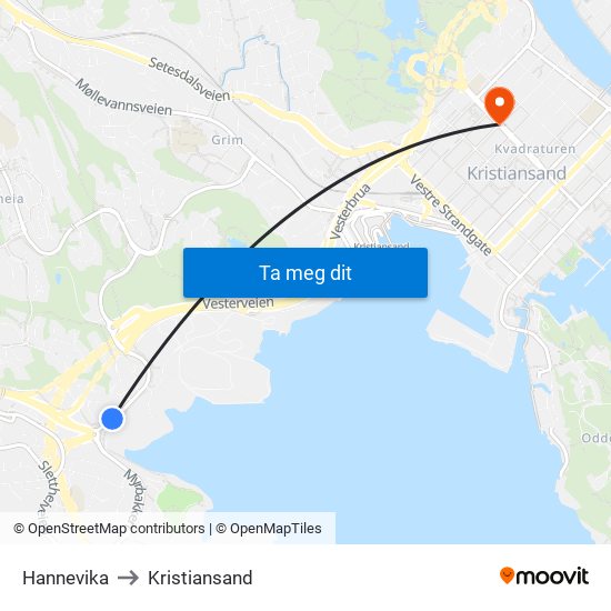 Hannevika to Kristiansand map
