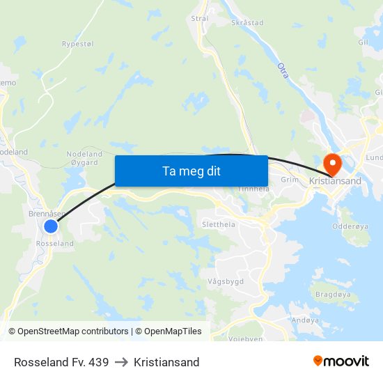 Rosseland Fv. 439 to Kristiansand map