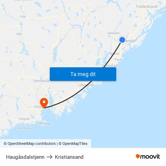 Haugåsdalstjenn to Kristiansand map