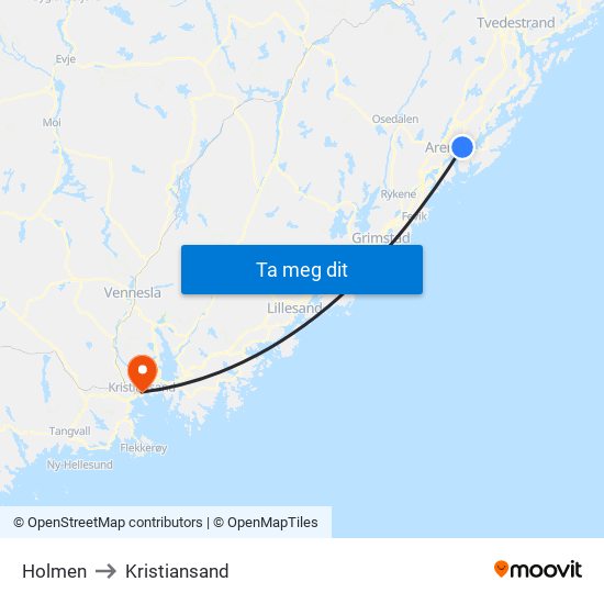 Holmen to Kristiansand map