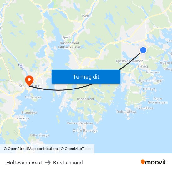 Holtevann Vest to Kristiansand map