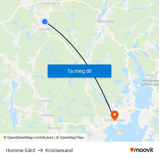Homme Gård to Kristiansand map