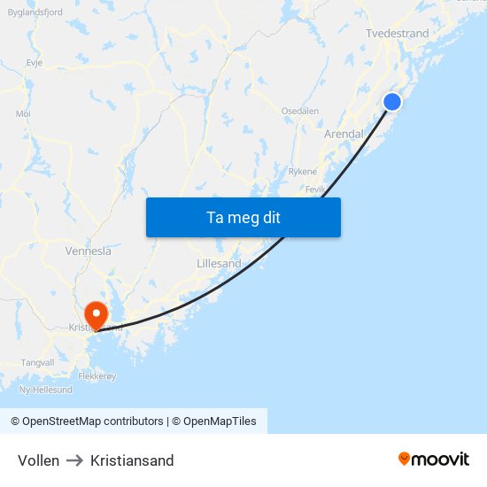 Vollen to Kristiansand map