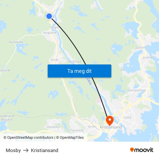 Mosby to Kristiansand map