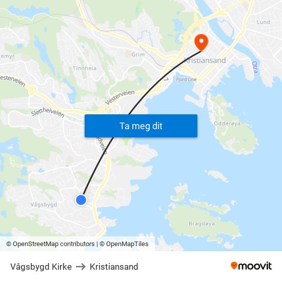 Vågsbygd Kirke to Kristiansand map