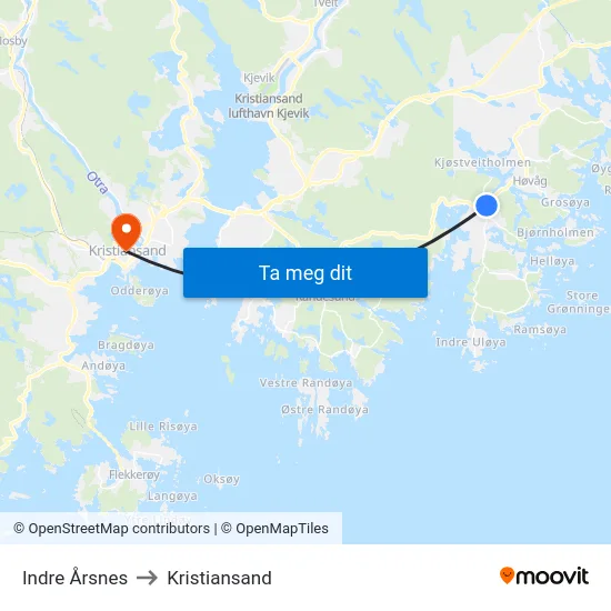 Indre Årsnes to Kristiansand map