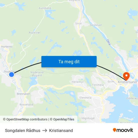 Songdalen Rådhus to Kristiansand map