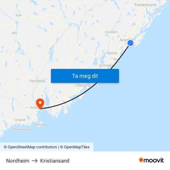 Nordheim to Kristiansand map