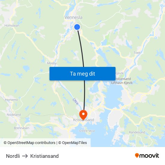 Nordli to Kristiansand map