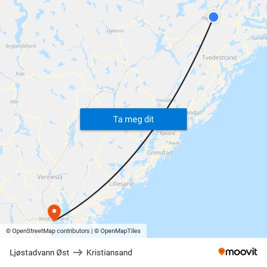 Ljøstadvann Øst to Kristiansand map