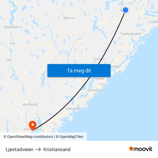 Ljøstadveien to Kristiansand map