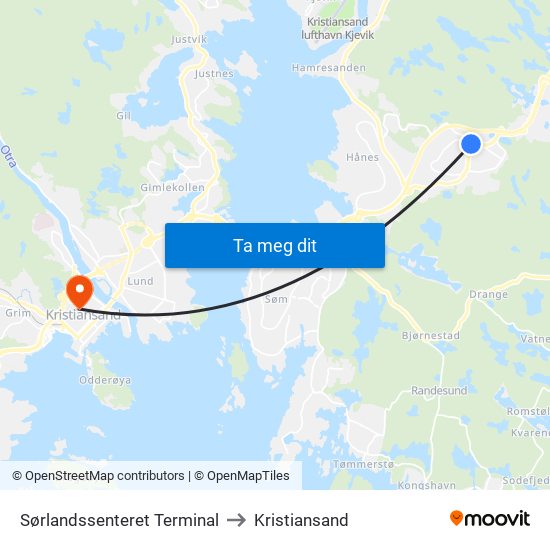 Sørlandssenteret Terminal to Kristiansand map