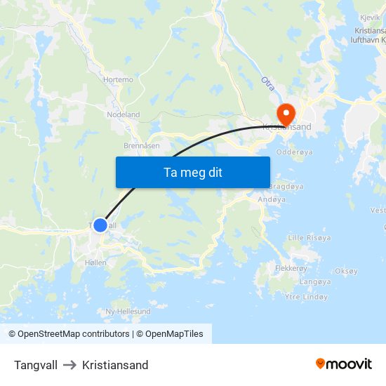 Tangvall to Kristiansand map