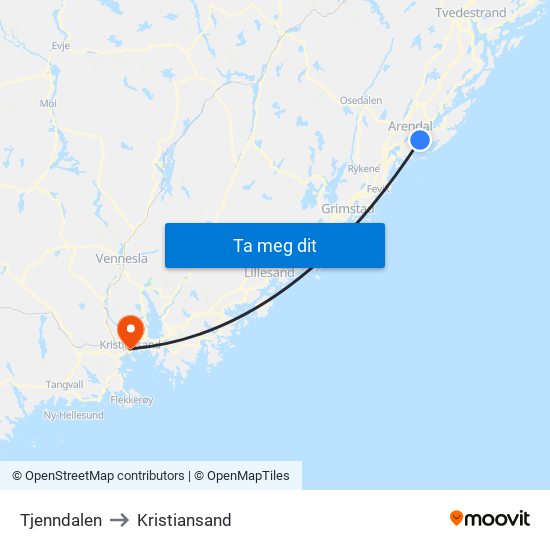 Tjenndalen to Kristiansand map