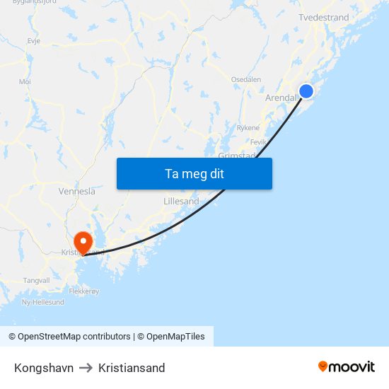 Kongshavn to Kristiansand map