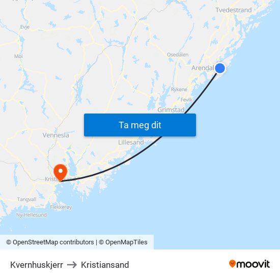 Kvernhuskjerr to Kristiansand map