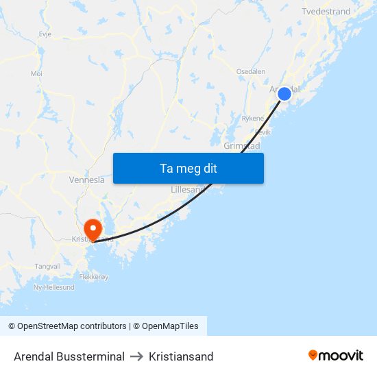 Arendal Bussterminal to Kristiansand map