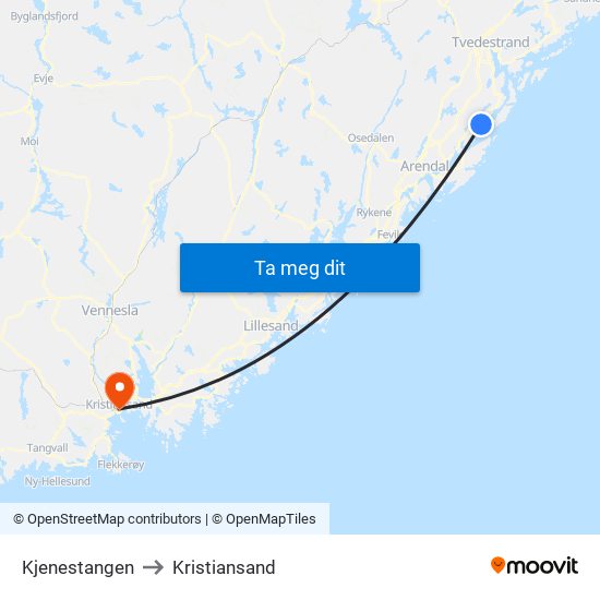 Kjenestangen to Kristiansand map