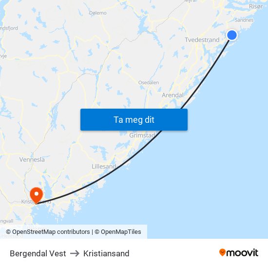 Bergendal Vest to Kristiansand map