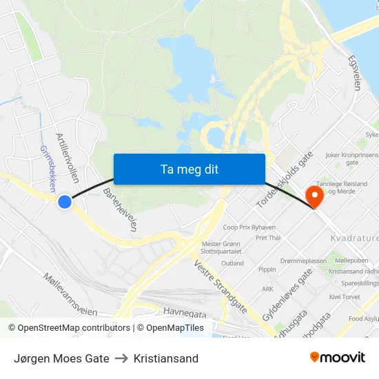 Jørgen Moes Gate to Kristiansand map
