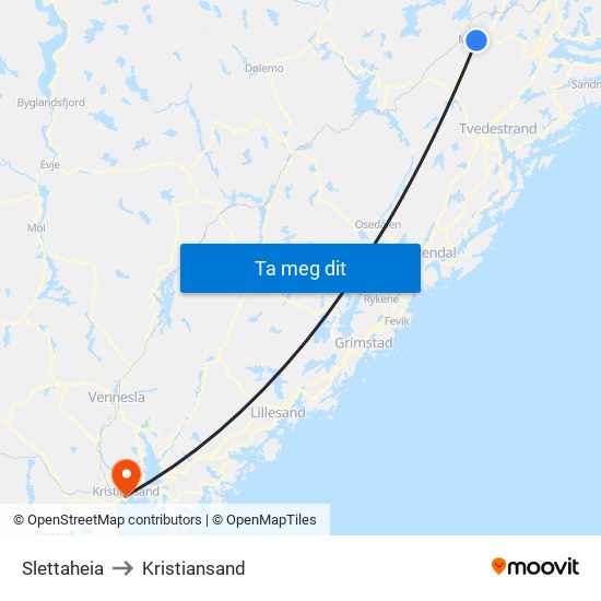 Slettaheia to Kristiansand map