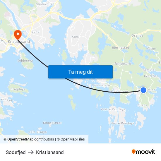 Sodefjed to Kristiansand map