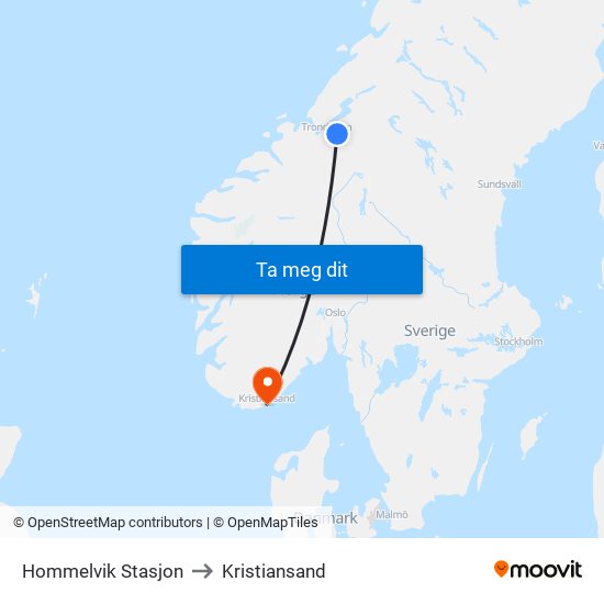 Hommelvik Stasjon to Kristiansand map