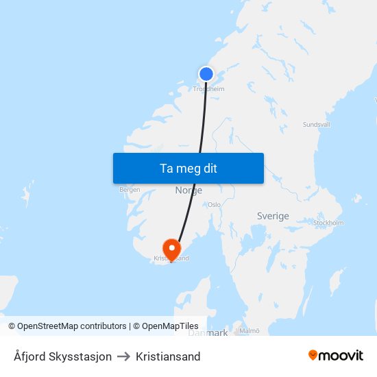 Åfjord Skysstasjon to Kristiansand map