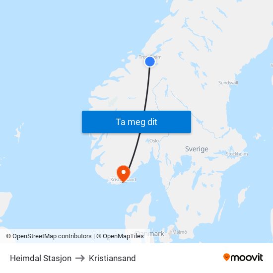 Heimdal Stasjon to Kristiansand map