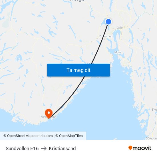 Sundvollen E16 to Kristiansand map