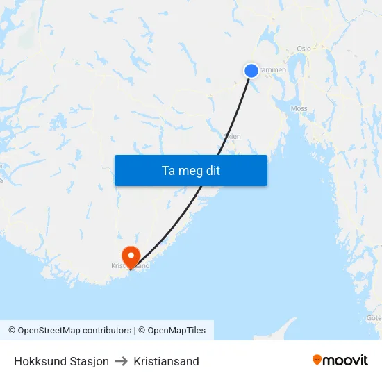 Hokksund Stasjon to Kristiansand map