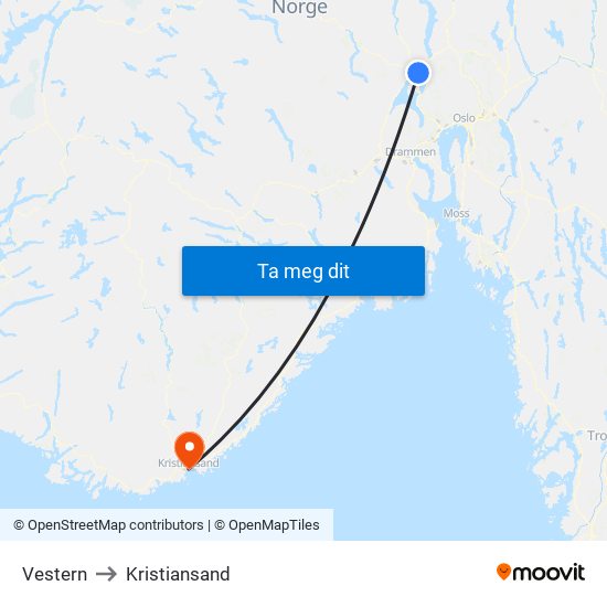 Vestern to Kristiansand map