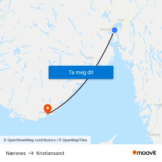 Nærsnes to Kristiansand map