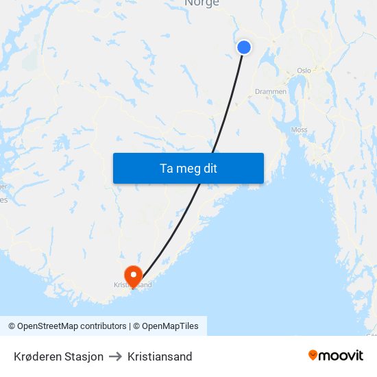 Krøderen Stasjon to Kristiansand map