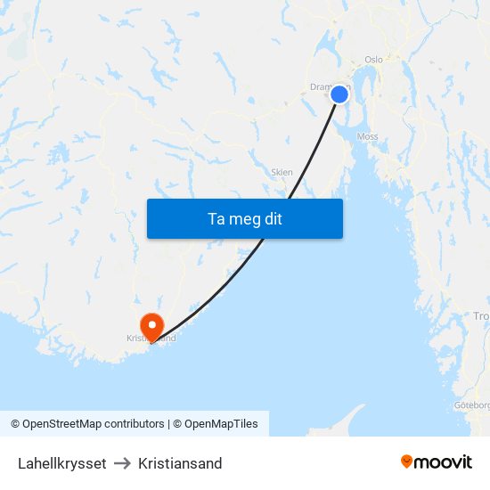 Lahellkrysset to Kristiansand map