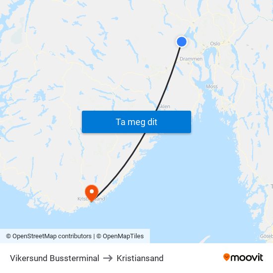 Vikersund Bussterminal to Kristiansand map