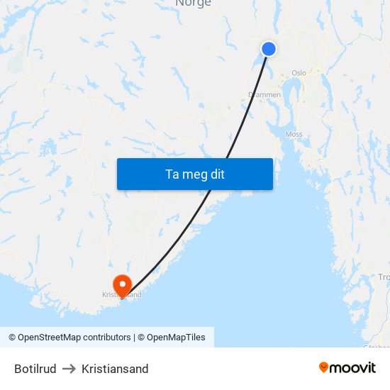 Botilrud to Kristiansand map