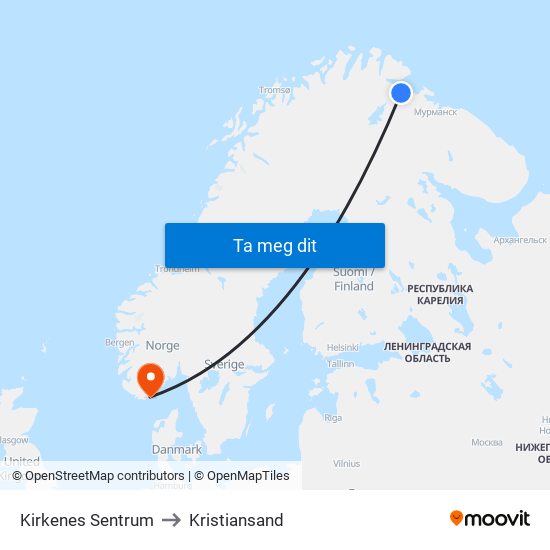 Kirkenes Sentrum to Kristiansand map