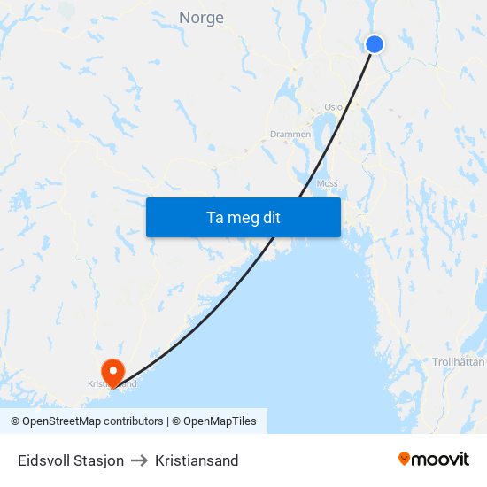Eidsvoll Stasjon to Kristiansand map