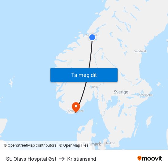 St. Olavs Hospital Øst to Kristiansand map