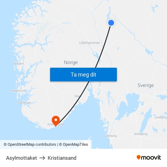 Asylmottaket to Kristiansand map