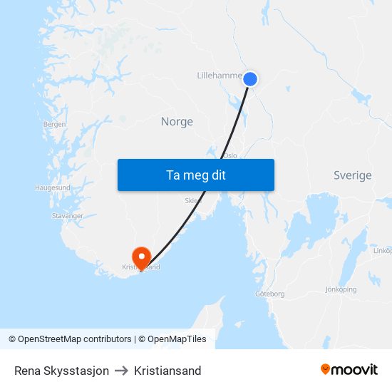 Rena Skysstasjon to Kristiansand map