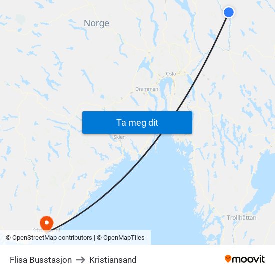 Flisa Busstasjon to Kristiansand map