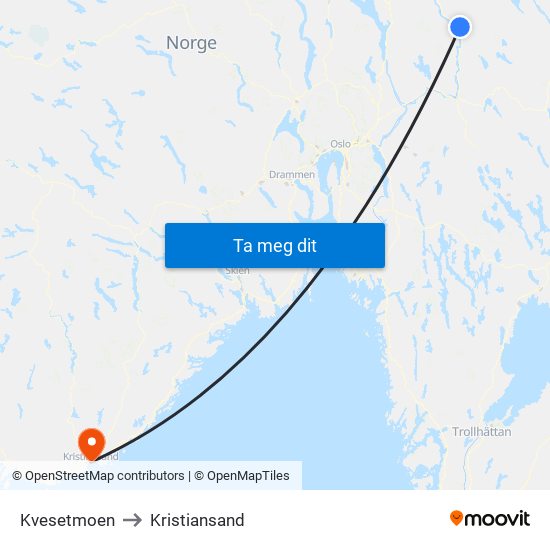 Kvesetmoen to Kristiansand map